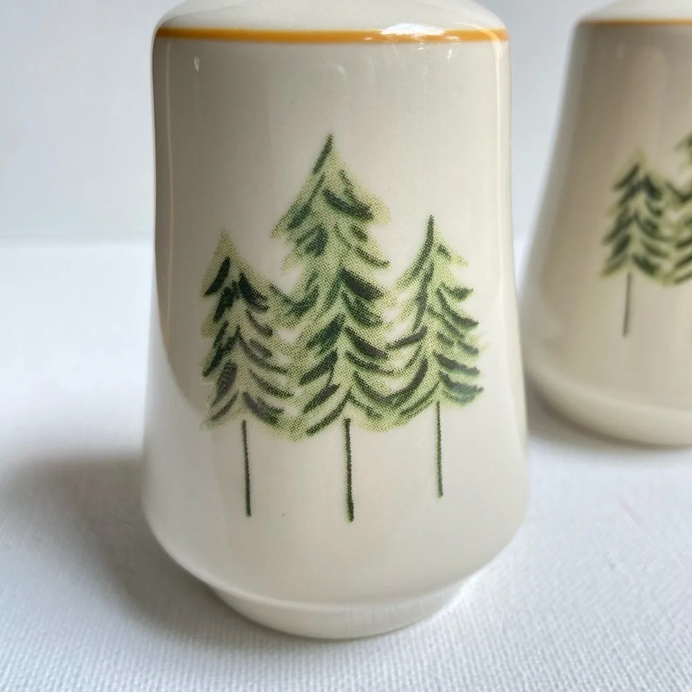 Pine Trees ceramic salt and pepper shakers in cream with shades of green